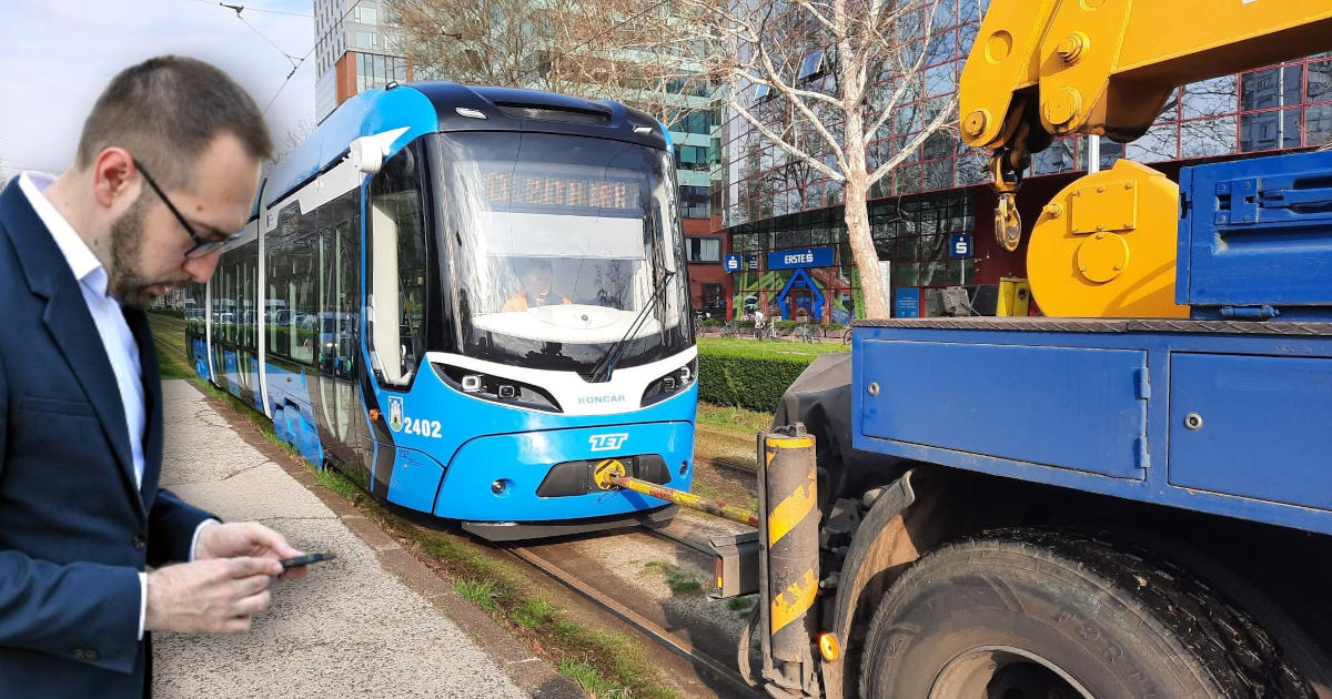 novi Končarev tramvaj 2402 zbog kvara je odvežen vučnom službom do okretišta Heinzelova